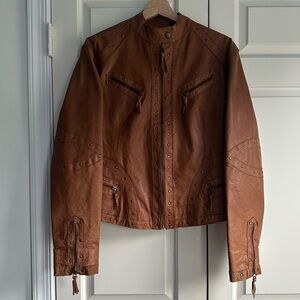 Vintage Aviatrix Women’s Cognac Brown Studded Leather Jacket XL Moto Biker Style
